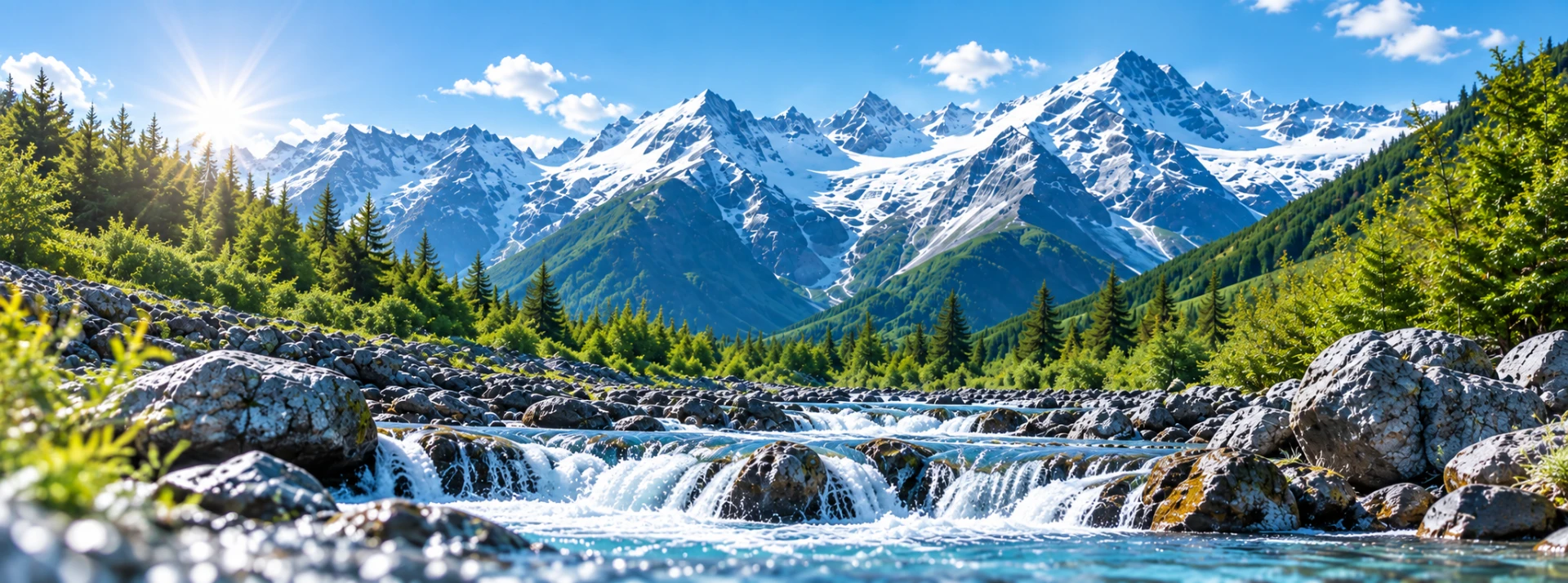 Kristallklares Wasser eines Bergsees mit Spiegelung der Alpen