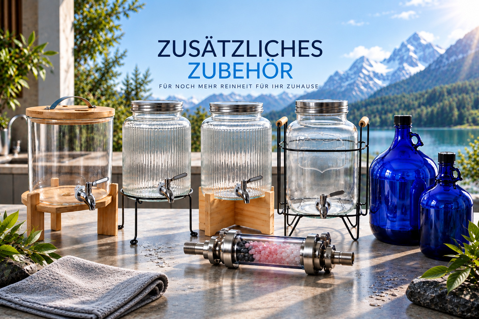Zusätzliches Zubehör für Kristallwasser: Glas-Wasserspender, Glasflaschen und Kristallfilterelemente vor alpiner Kulisse